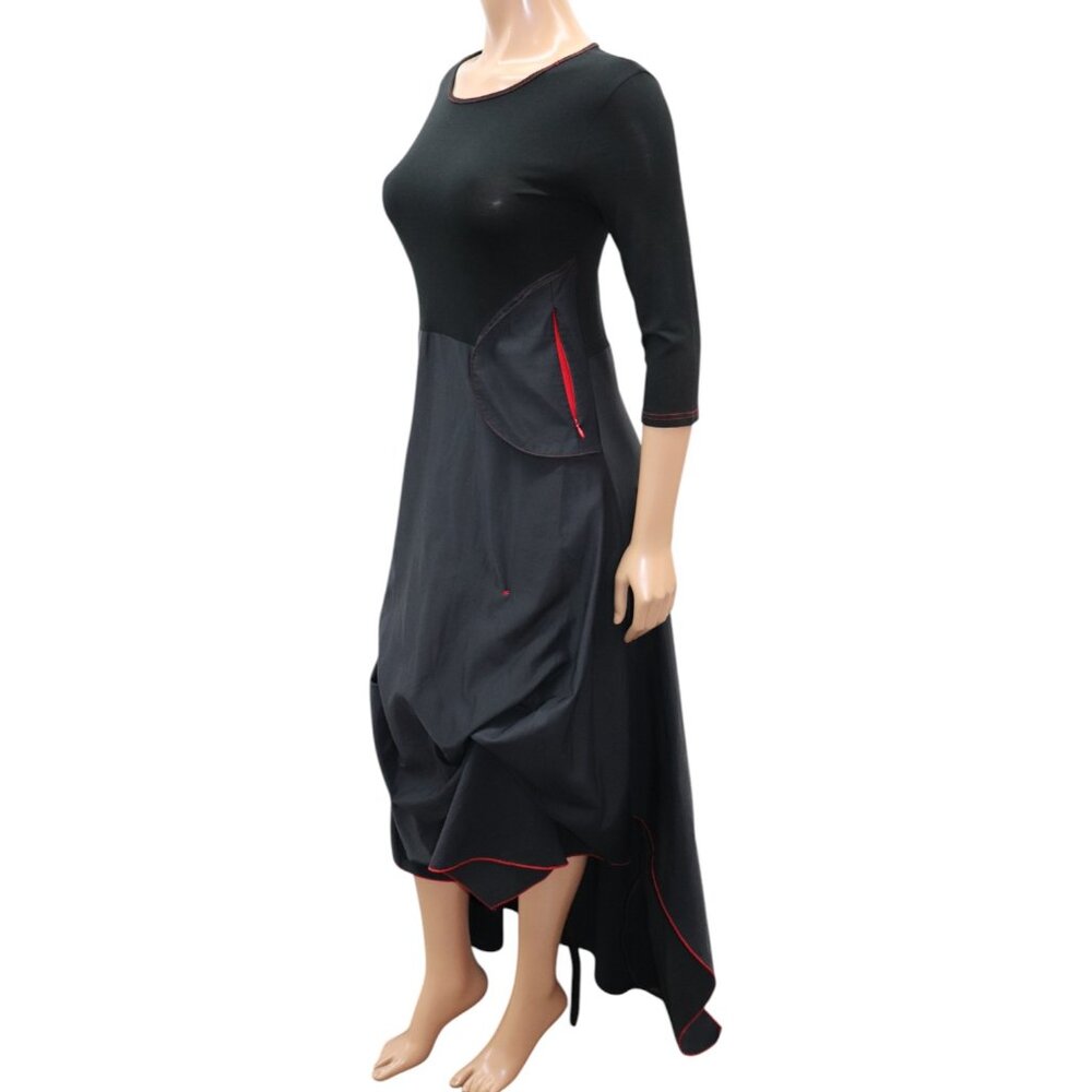 LEELOO PARIS Black High Low Maxi Dress Red Details Adjustable Length S-M
